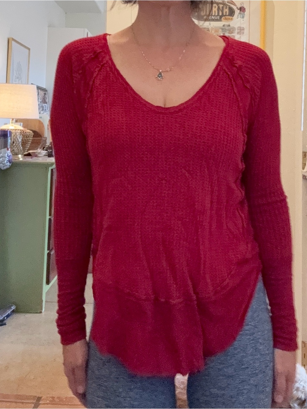 We the free fushia v neck soft rayon waffle knit long sleeve exposed seem top xs